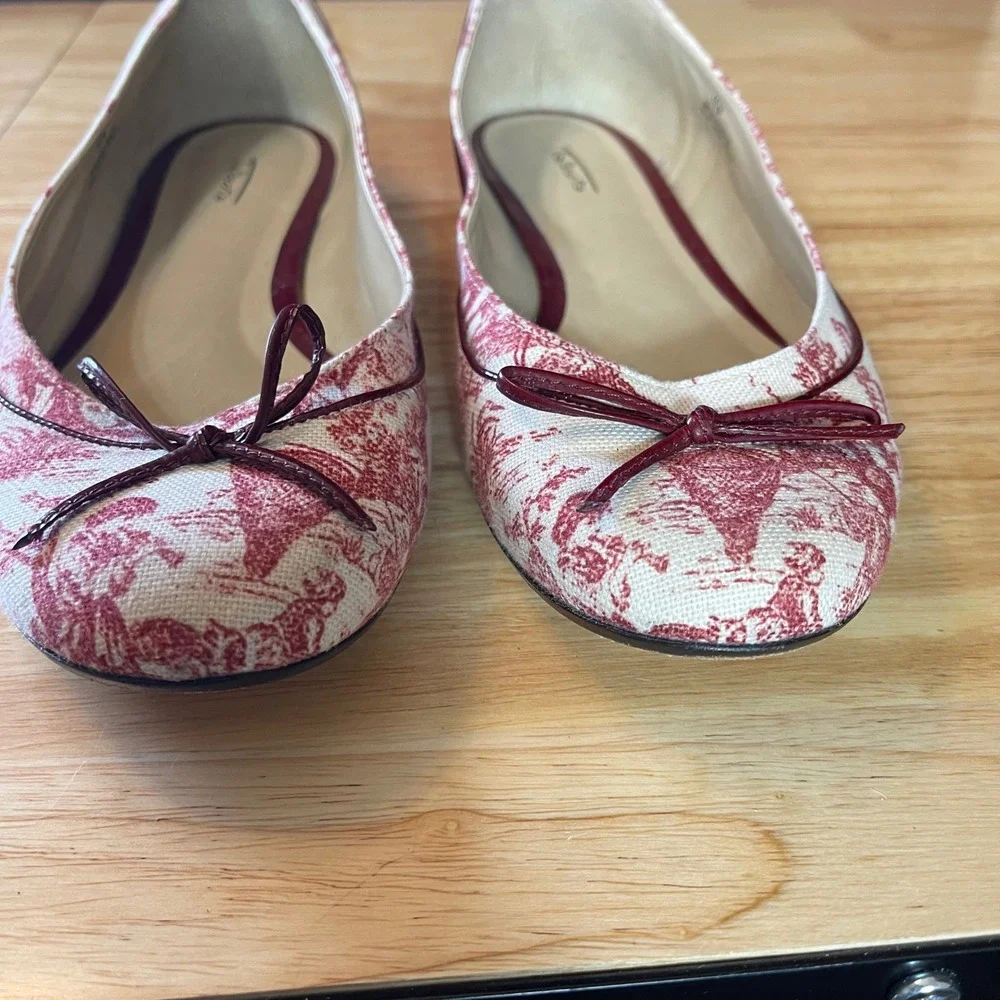 Talbots Red Cream Toile Canvas Ballet Flats Round Toe Bow Shoes Womens 10M